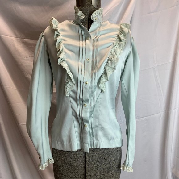 Vintage MJ Concepts in Sportwear Baby Blue Button Down Blouse Size 5 Ruffle Neck - Picture 1 of 10